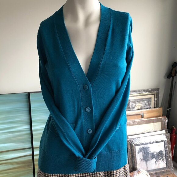 Halogen 100% Wool Knit Cardigan Teal Blue Size S - Picture 3 of 8